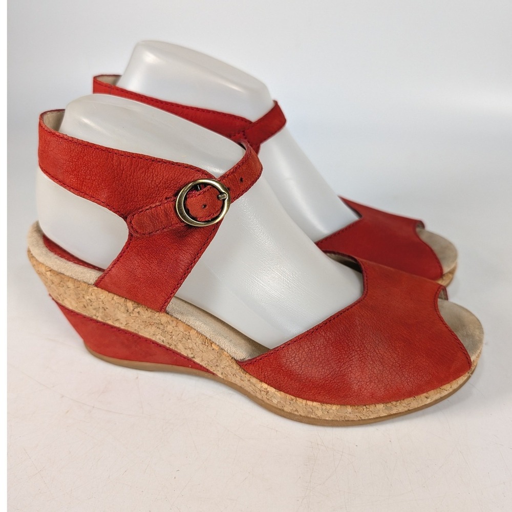 Dansko Red Leather Peep Toe Wedge Sandals Ankle Strap 39 2810631500